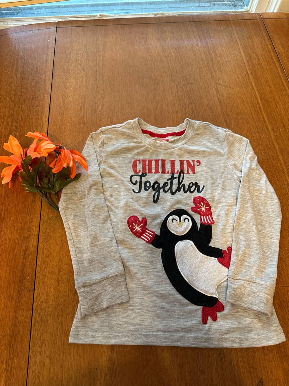 Holiday Time Gray Sweatshirt with Penguin and Red Accents